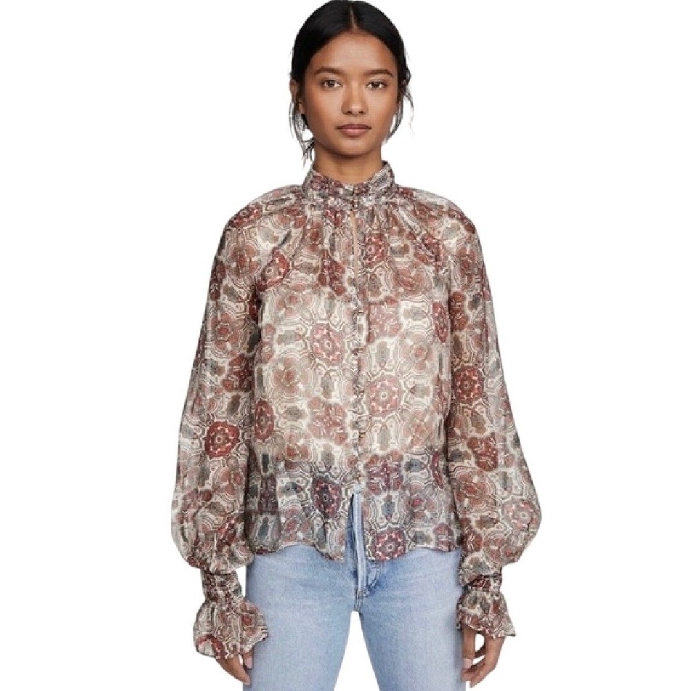 Ramy Brook Paisley Medallion Smocked High Neck Blouse Red Orange SMALL